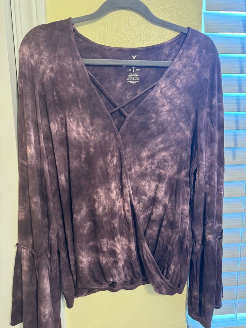 American Eagle Outfitters Plum Tie-Dye Crisscross Wrap Long-Sleeve Top